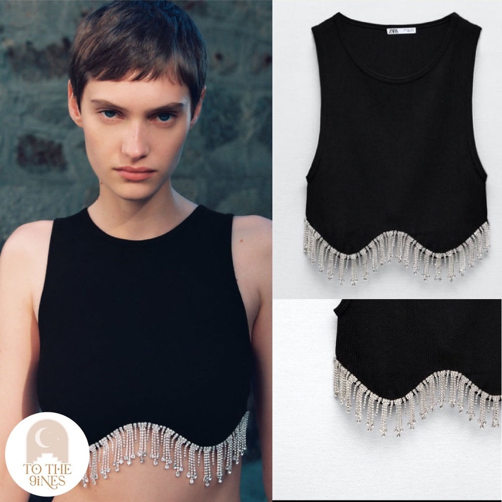 Zara SEAMLESS RHINESTONE Crop Top Black Medium Large